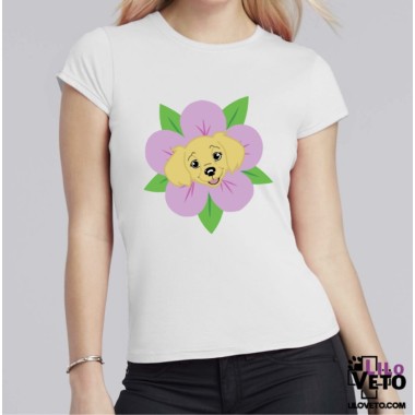 T-SHIRT BLANC CHIEN EN FLEUR