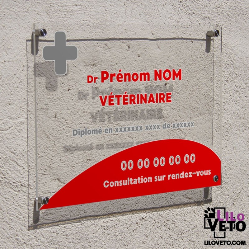 Plaque professionnelle transparente Dr Vétérinaire Rouge (Rond)